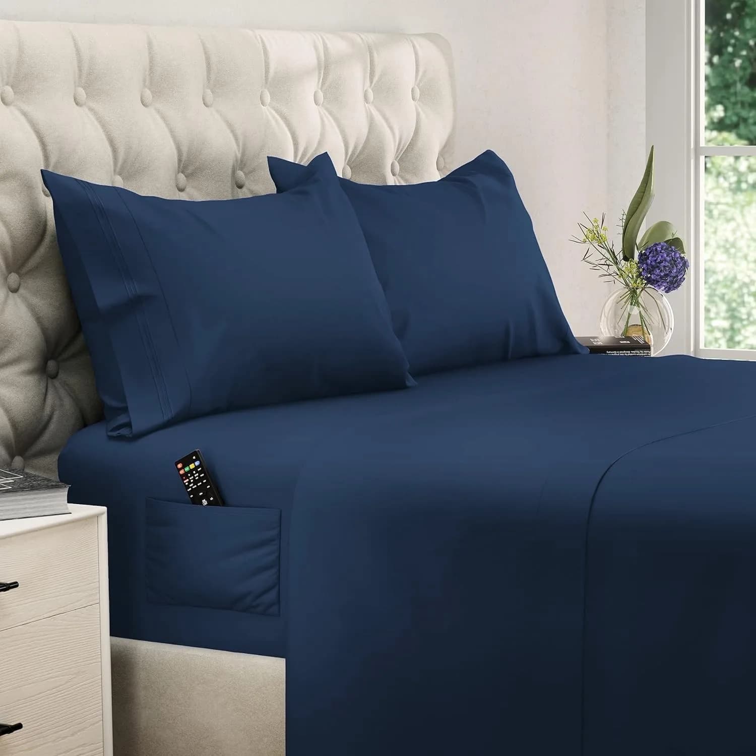 DREAMCARE Full Size Microfiber Sheet Set Navy Blue 203cm x 244cm (80" x 96") | Soft, Deep Pocket, 4-Piece Set