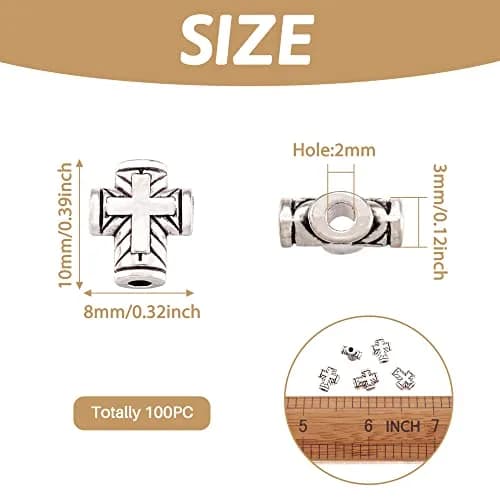 Craftdady Antique Silver Tiny Cross Spacer Beads 10x8mm 100pcs | Tibetan Metal Crucifix Charm Beads for Jewelry Making thumbnail 2