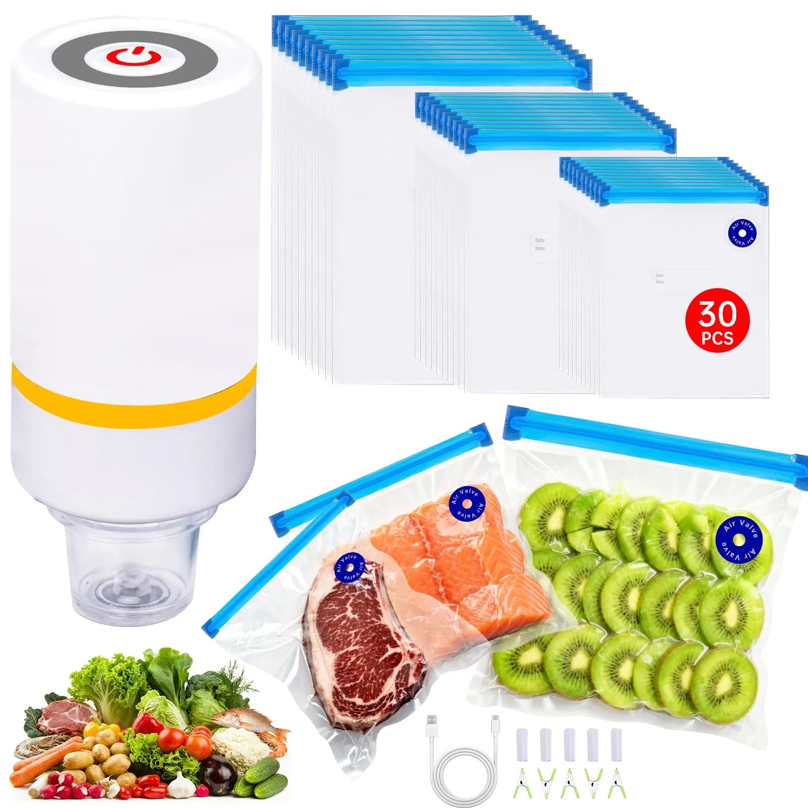 KOSBON 42 PCS Sous Vide Vacuum Sealer Set | 30 Reusable Bags, 5 Clips, Fast & Portable - main product image