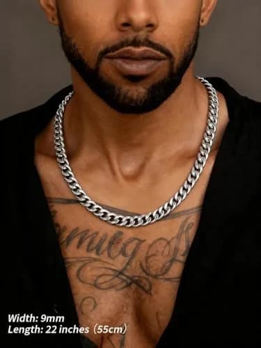 FindChic Men Curb Chain Necklace Stainless Steel 9MM Link 14''-30'' | Classic Durable Jewelry thumbnail 2