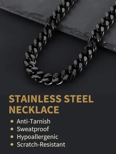 FindChic Mens Chain Necklace 12MM Black Cuban Link 18inch | Durable Stainless Steel, Classic Hip Hop Jewelry thumbnail 4