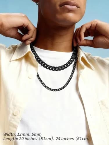 FindChic Mens Chain Necklace 12MM Black Cuban Link 18inch | Durable Stainless Steel, Classic Hip Hop Jewelry thumbnail 3