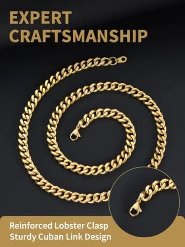 FindChic Men Curb Chain Necklace 18K Gold Plated 9MM Link 16'' | Durable, Stylish & Gold-Like thumbnail 5