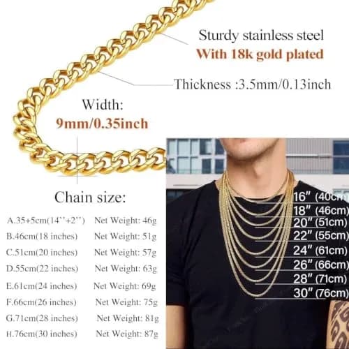 FindChic Men Curb Chain Necklace 18K Gold Plated 9MM Link 16'' | Durable, Stylish & Gold-Like thumbnail 9