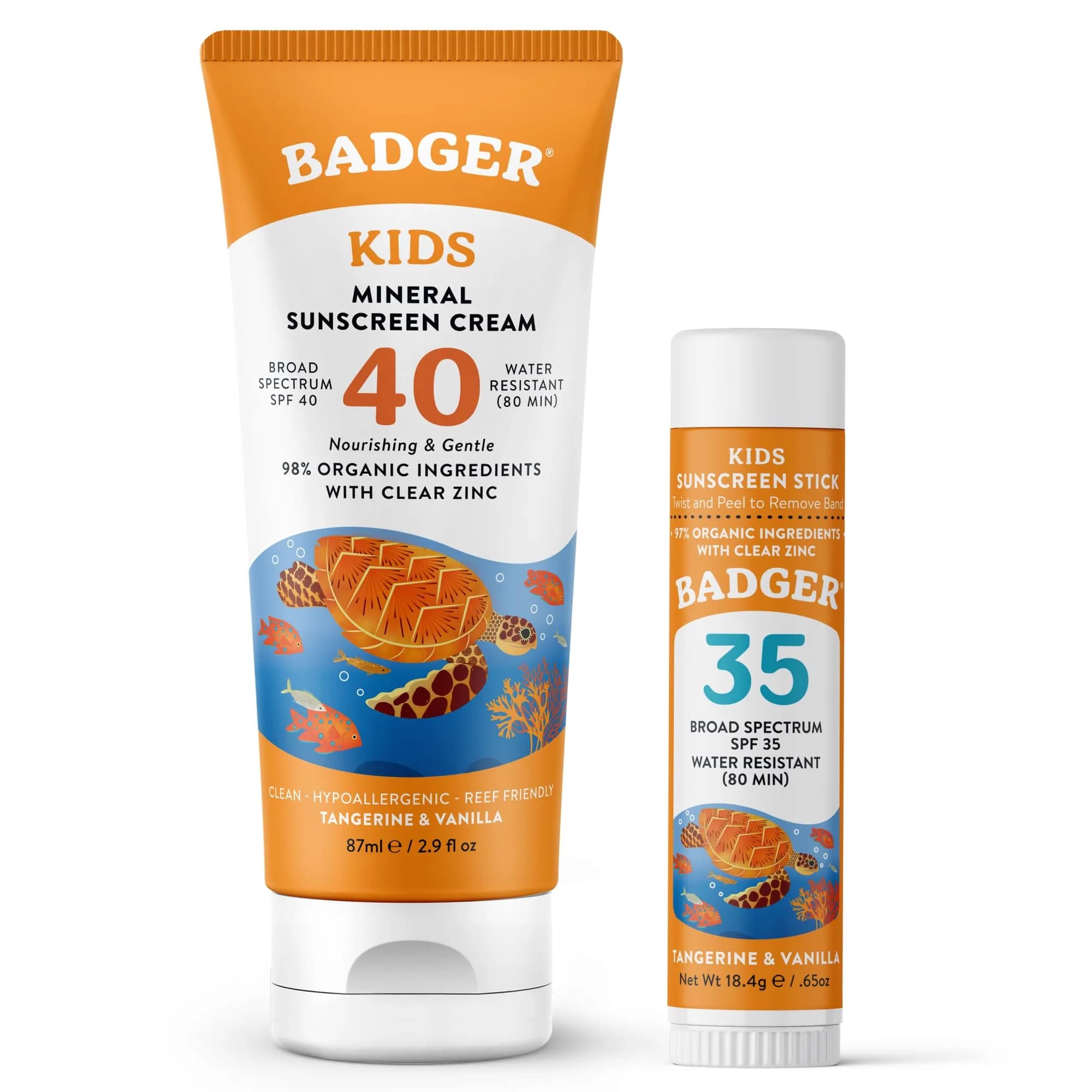 Badger Kids Mineral Sunscreen Combo SPF 40 Cream + SPF 35 Face Stick | 98% Organic Ingredients, Water Resistant, Reef Safe
