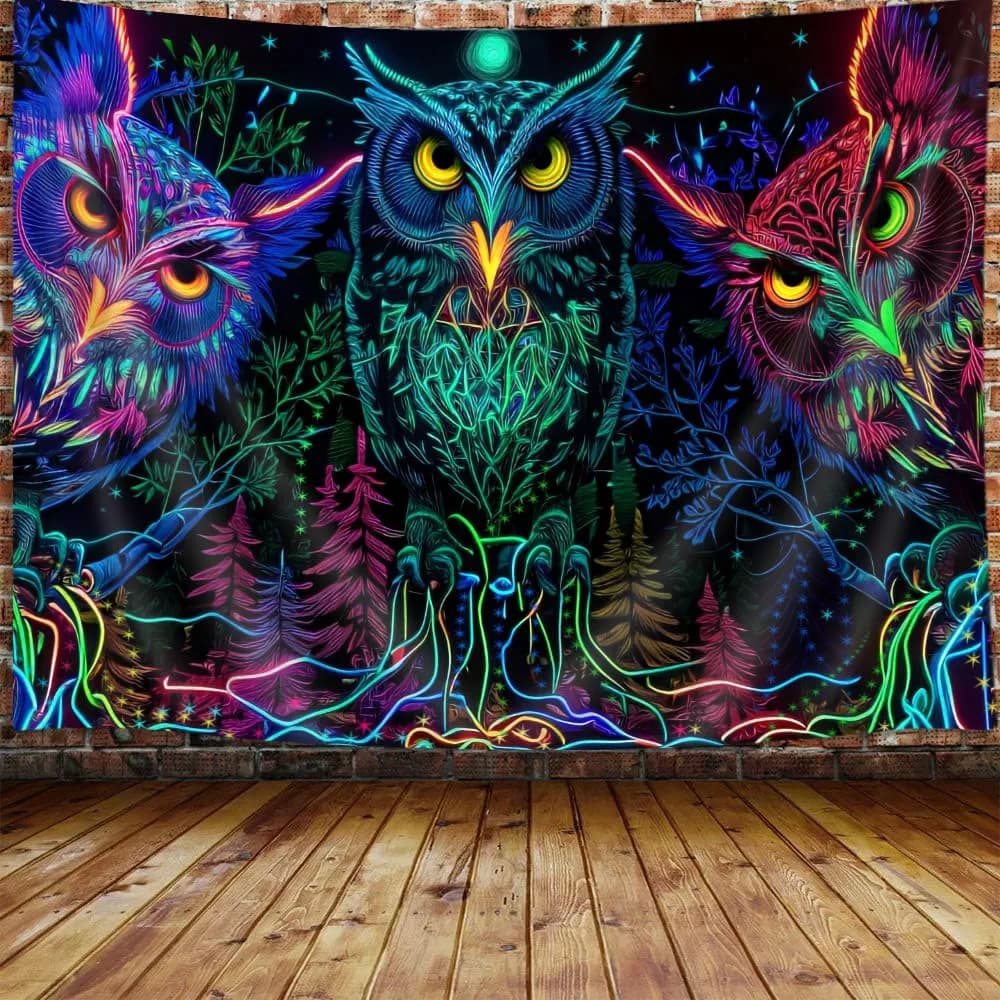 JAWO Blacklight Tapestry UV Reactive Owl Forest Art Poster 71x60 Inch | Glows Under Blacklight — Colorful / 60"L x 71"W