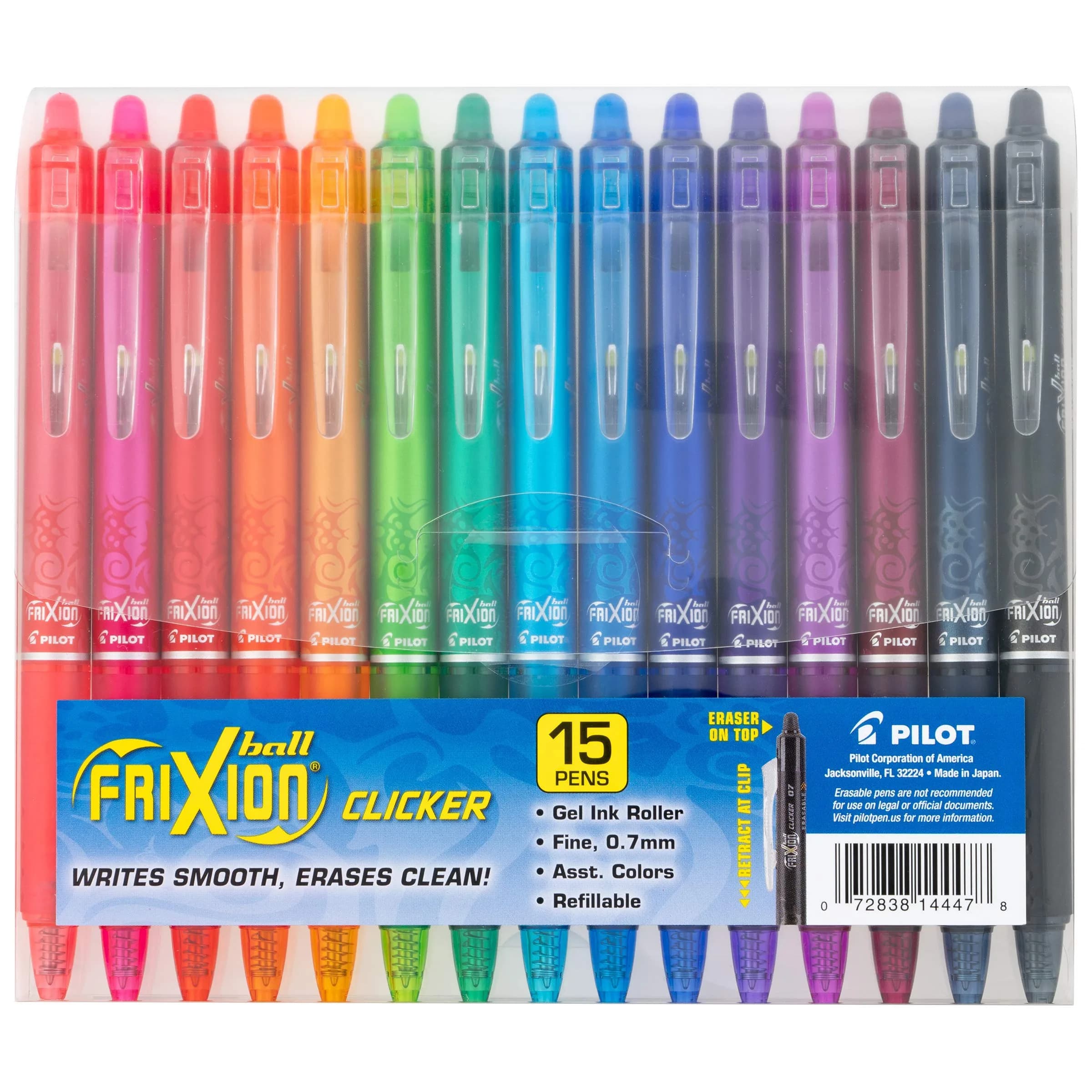 Pilot FriXion Clicker Erasable Pens Fine Point 0.7mm, Assorted Colors, 15-Pack | Smooth Ink Flow Writing Instrument