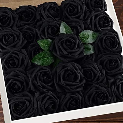 Higfra Black 25pcs Artificial Foam Roses with Stems | Realistic Look for DIY Bouquets & Decor thumbnail 1