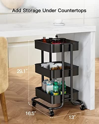 Pipishell 3 Tier Metal Rolling Utility Cart with 2 Lockable Wheels, Black | Extra Storage & Mobility thumbnail 5
