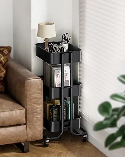 Pipishell 3 Tier Metal Rolling Utility Cart with 2 Lockable Wheels, Black | Extra Storage & Mobility thumbnail 2