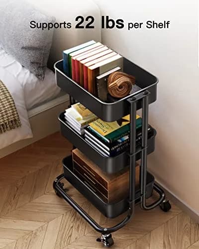 Pipishell 3 Tier Metal Rolling Utility Cart with 2 Lockable Wheels, Black | Extra Storage & Mobility thumbnail 3