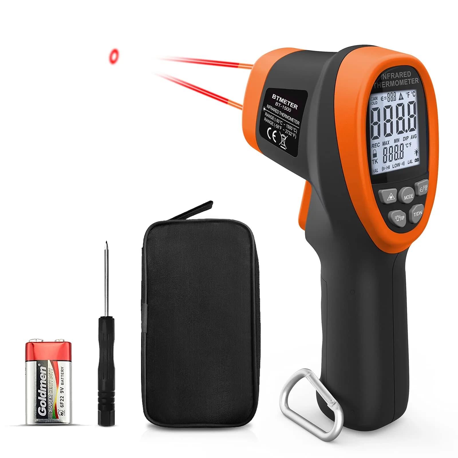BTMETER BT-1500C Infrared Thermometer -58℉ to 2732℉ | Non Contact Laser IR Gun — Orange