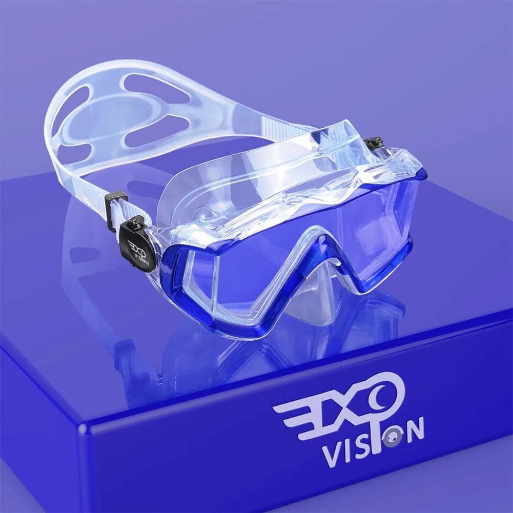 EXP VISION Pano 3 Window Scuba Diving Mask, Tempered Glass Snorkel Mask 260 ml (0.26 kg) | Wide View Anti-Fog Swim Mask — Clear Blue