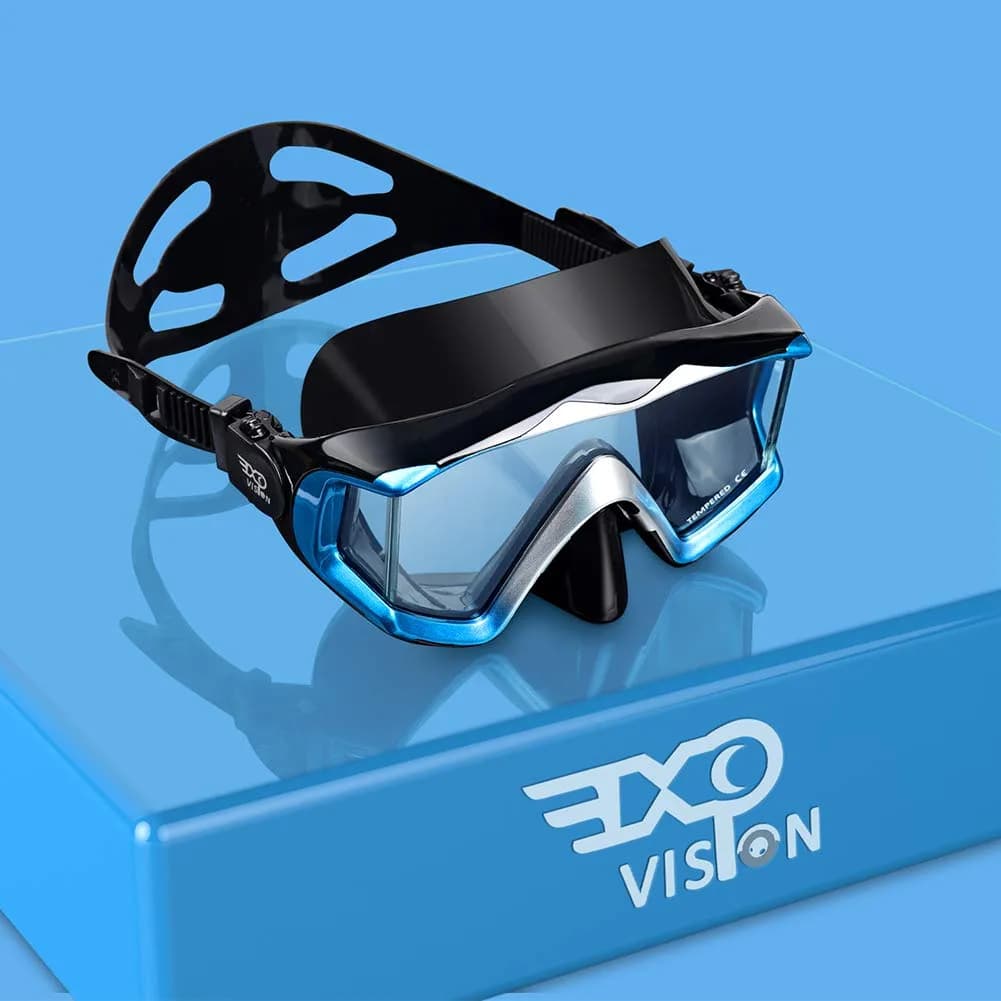 EXP VISION Pano 3 Window Scuba Diving Mask, Tempered Glass Snorkel Mask 260 ml (0.26 kg) | Wide View Anti-Fog Swim Mask — Blue
