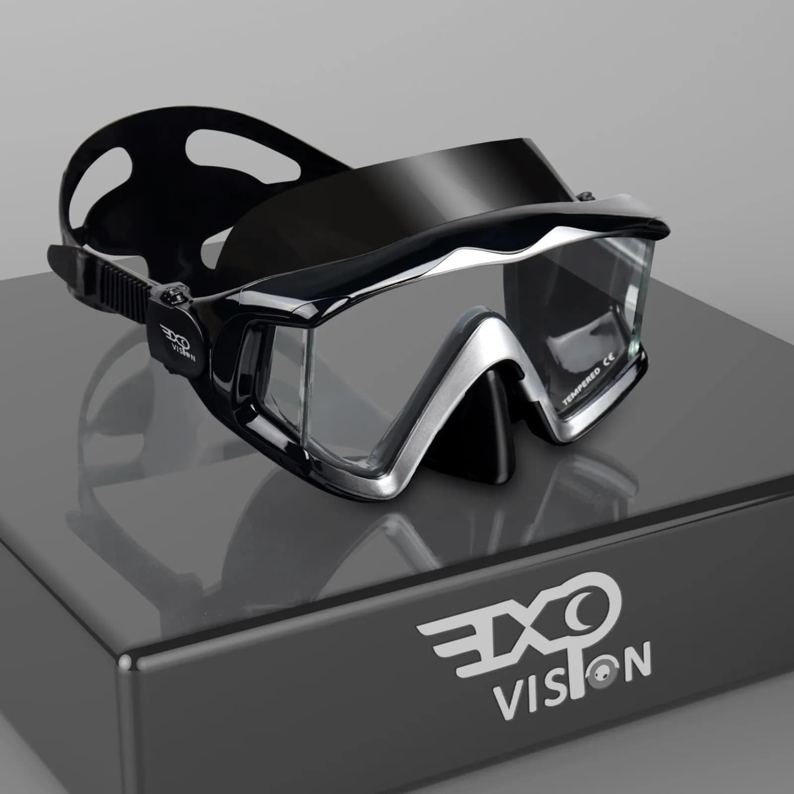 EXP VISION Pano 3 Window Scuba Diving Mask, Tempered Glass Snorkel Mask 260 ml (0.26 kg) | Wide View Anti-Fog Swim Mask — Black