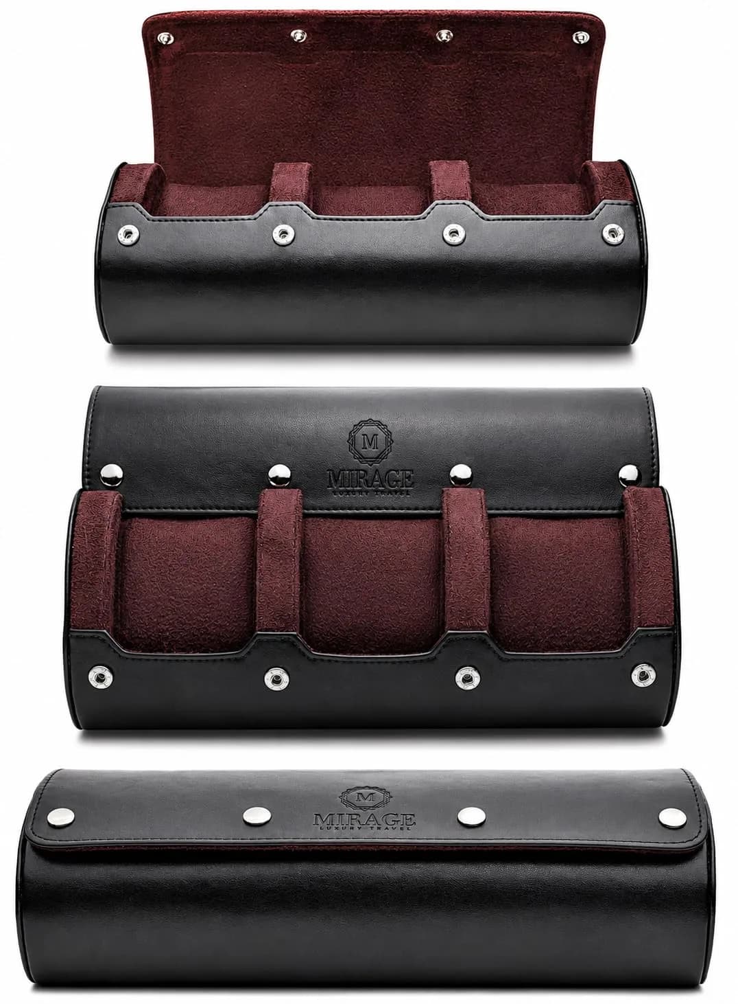 M Mirage Luxury Travel Watch Roll Case for Men, 3-Slot Watch Organizer & Display | Black Leather - main product image