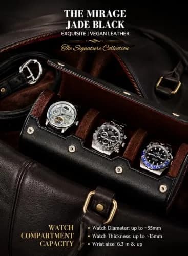 M Mirage Luxury Travel Watch Roll Case for Men, 3-Slot Watch Organizer & Display | Black Leather thumbnail 2