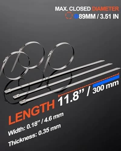 ZOOSUNX Metal Zip Ties 11.8 Inch | Heavy Duty Stainless Steel, 198 lbs Tensile Strength, Heat Resistant - for Auto & Industrial Use thumbnail 2