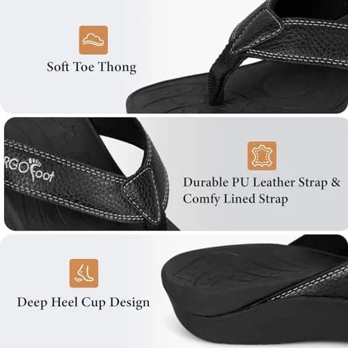 ERGOfoot Orthotic Flip Flops with Arch Support for Men Women Black 3cm (1.18in) Heel thumbnail 4