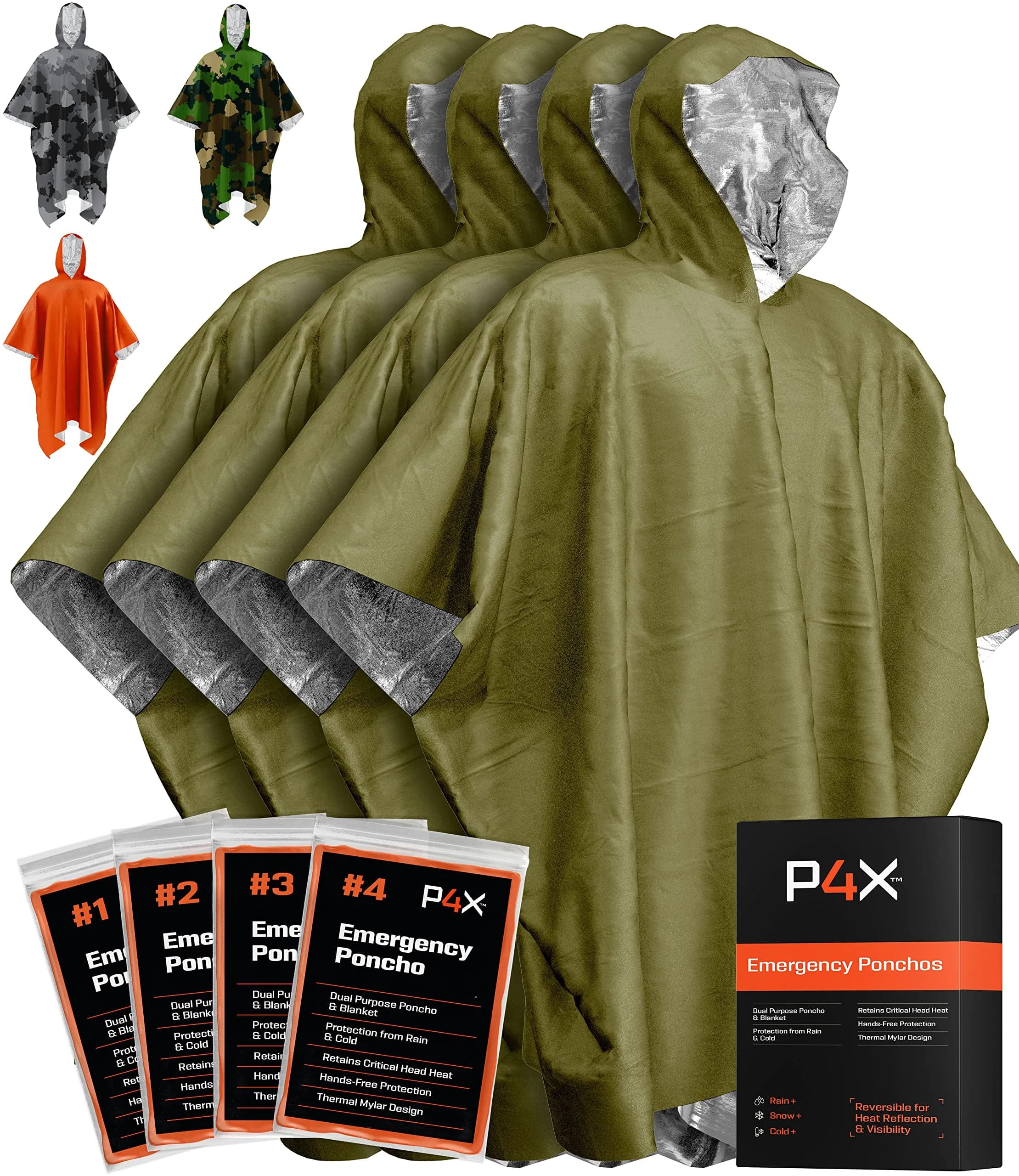 PREPARED4X Emergency Poncho with Mylar Blanket Liner 4-Pack | Waterproof & Wind-Resistant for Camping & Survival - main product image