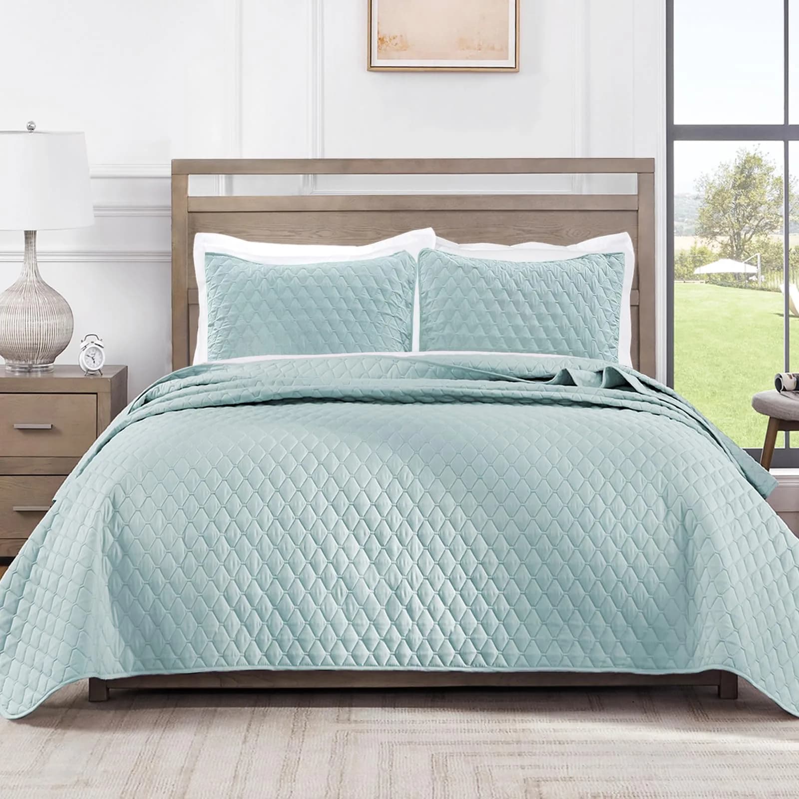 Exclusivo Mezcla Reversible Full Queen Quilt Bedding Set Light Blue | Lightweight Bedspreads with 2 Pillow Shams, Soft Microfiber, All Season Bed Coverlets for Bedroom Guest Room, 90x96 Inch