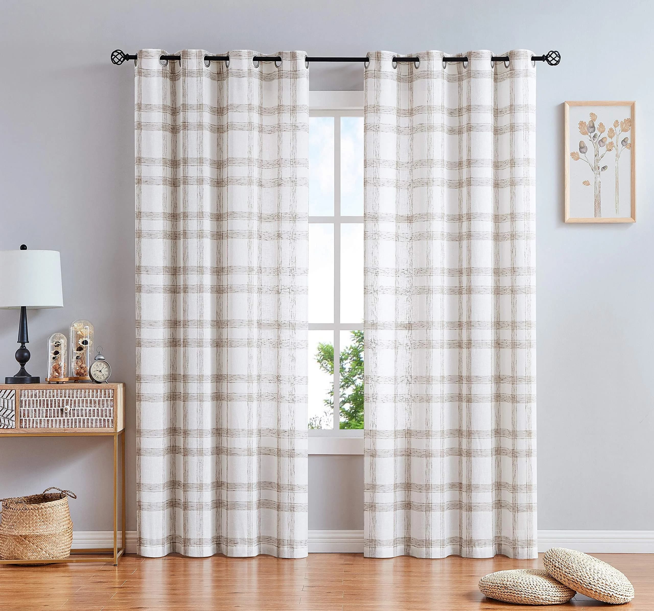 Randall Farmhouse Buffalo Check Semi-Sheer Curtain Panels 137cm x 213cm (54"W x 84"L) | Rustic Linen-Blend Light Filtering — Brown / 54"W x 95"L