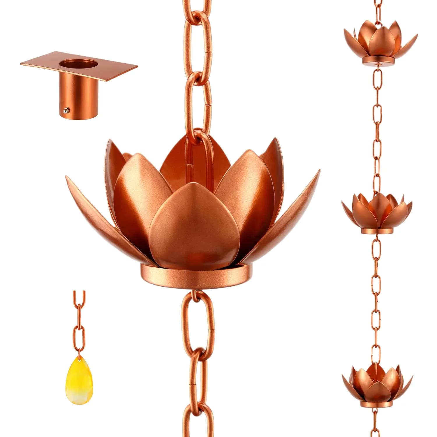 Oak Leaf Lotus Rain Chain 2.59m (8.5ft) with Adapter | Copper Powder Coated Decorative Gutter Downspout Alternative — Lotus Flower
