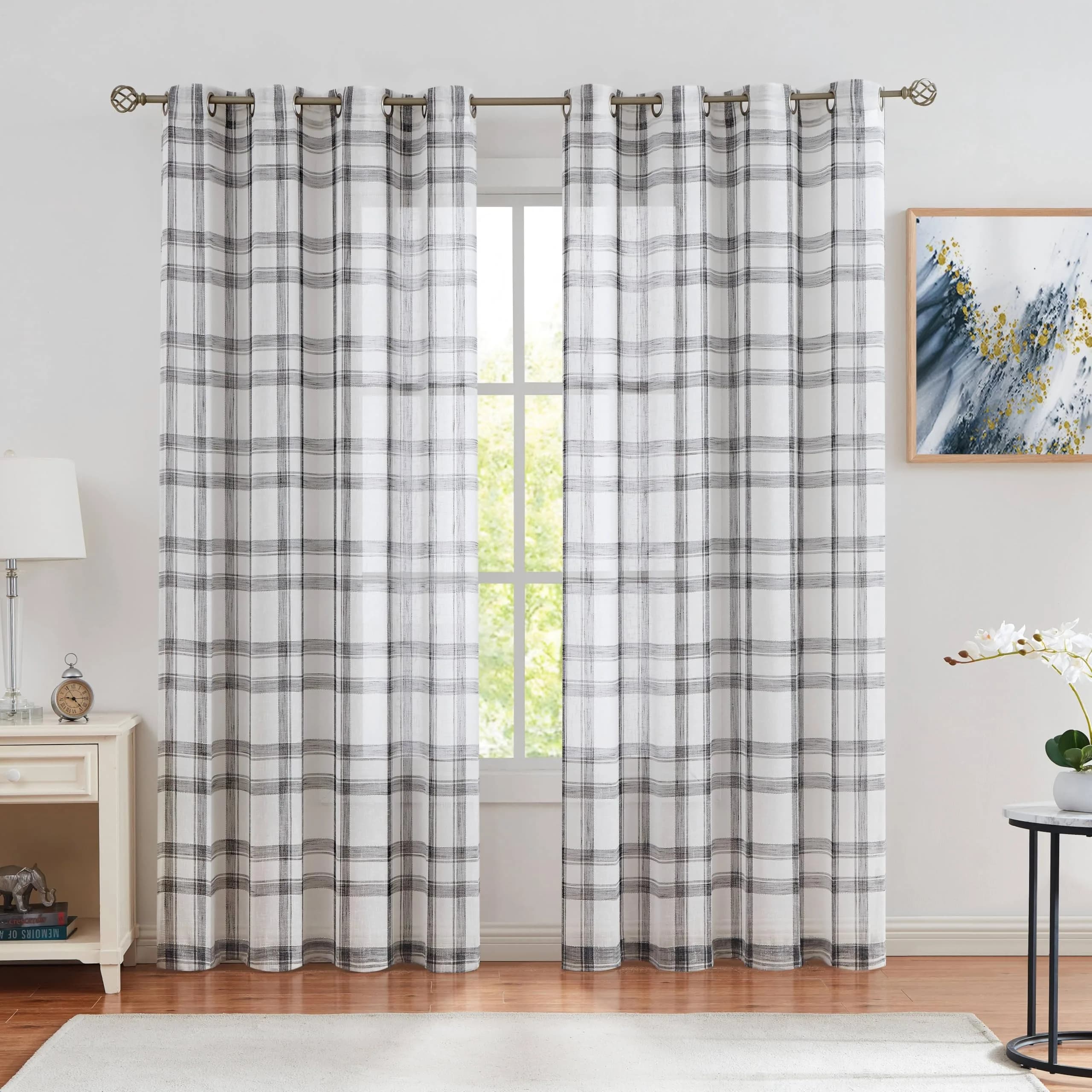 Randall Farmhouse Buffalo Check Semi-Sheer Curtain Panels 137cm x 213cm (54"W x 84"L) | Rustic Linen-Blend Light Filtering — Black / 54"W x 54"L