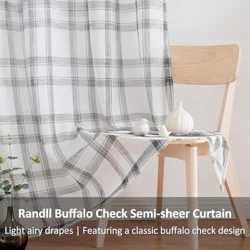 Randall Buffalo Check Semi-Sheer Curtain Panels Black & White 137cm (54") | Farmhouse Style Light Filtering Drapes thumbnail 4