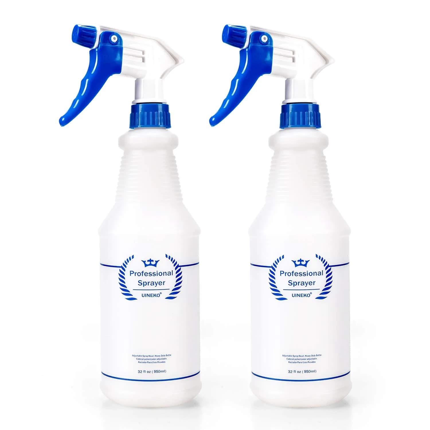 Uineko Plastic Spray Bottles 2 Pack, 32 Oz | Heavy Duty, Leak-Proof, Adjustable Nozzle — Blue