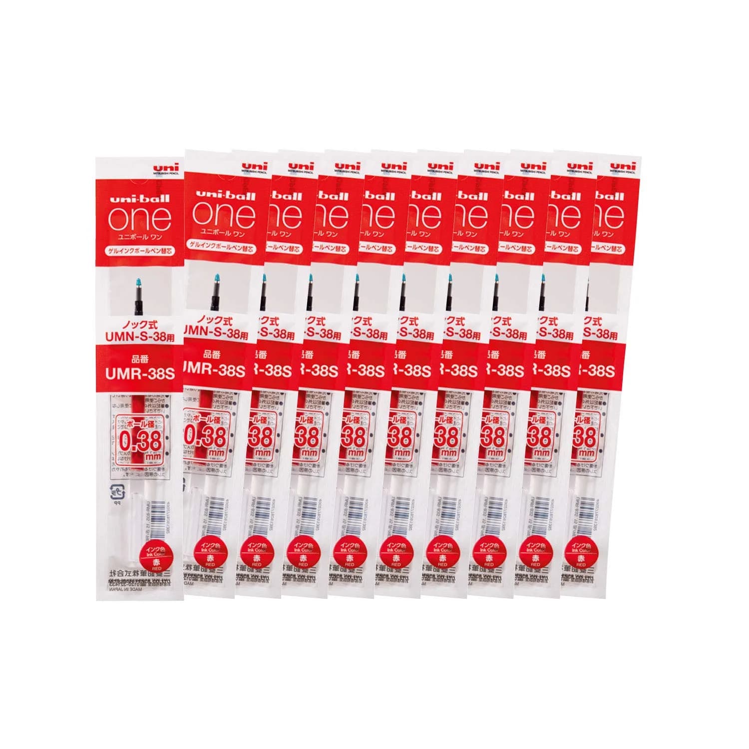 Mitsubishi Pencil Uni-ball One Gel Pen Refills 0.38mm Red (10-Pack, 42g) | Smooth Ink Flow for Crisp Writing
