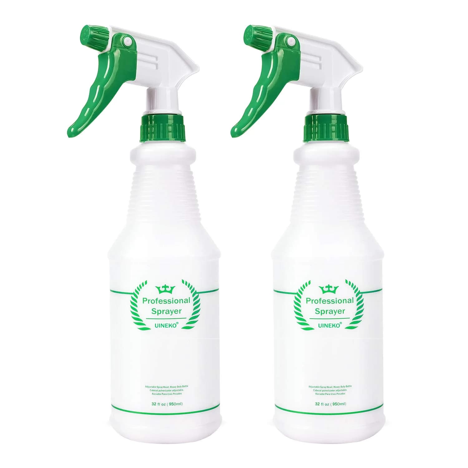 Uineko Heavy Duty Plastic Spray Bottles 2 Pack, 32 Oz | Adjustable Nozzle, Leak-Proof, Chemical Resistant, for Home & Garden