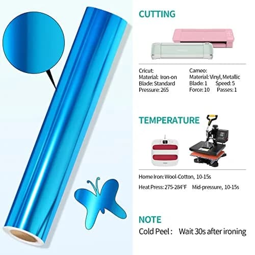 VINYL FROG Blue Metallic Foil Heat Transfer Vinyl 12" x5ft | Chrome Iron-on HTV for T-Shirts thumbnail 8