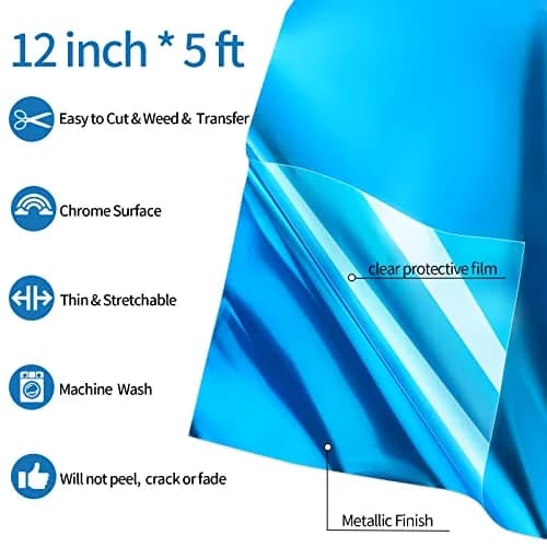 VINYL FROG Blue Metallic Foil Heat Transfer Vinyl 12" x5ft | Chrome Iron-on HTV for T-Shirts thumbnail 2