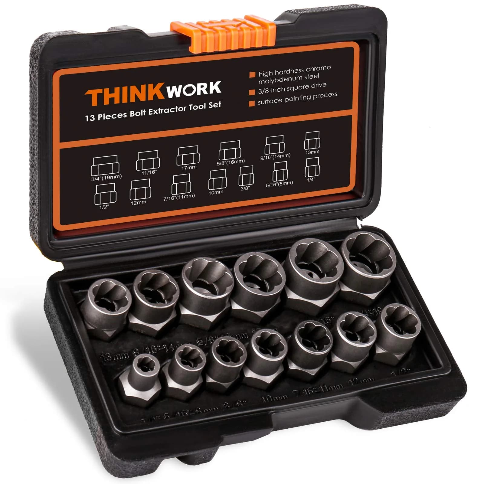 THINKWORK 14-Piece Bolt Extractor Kit, 3/8" Drive, 760g (1.6lb) | Removes Stripped, Rusted, Rounded Fasteners
