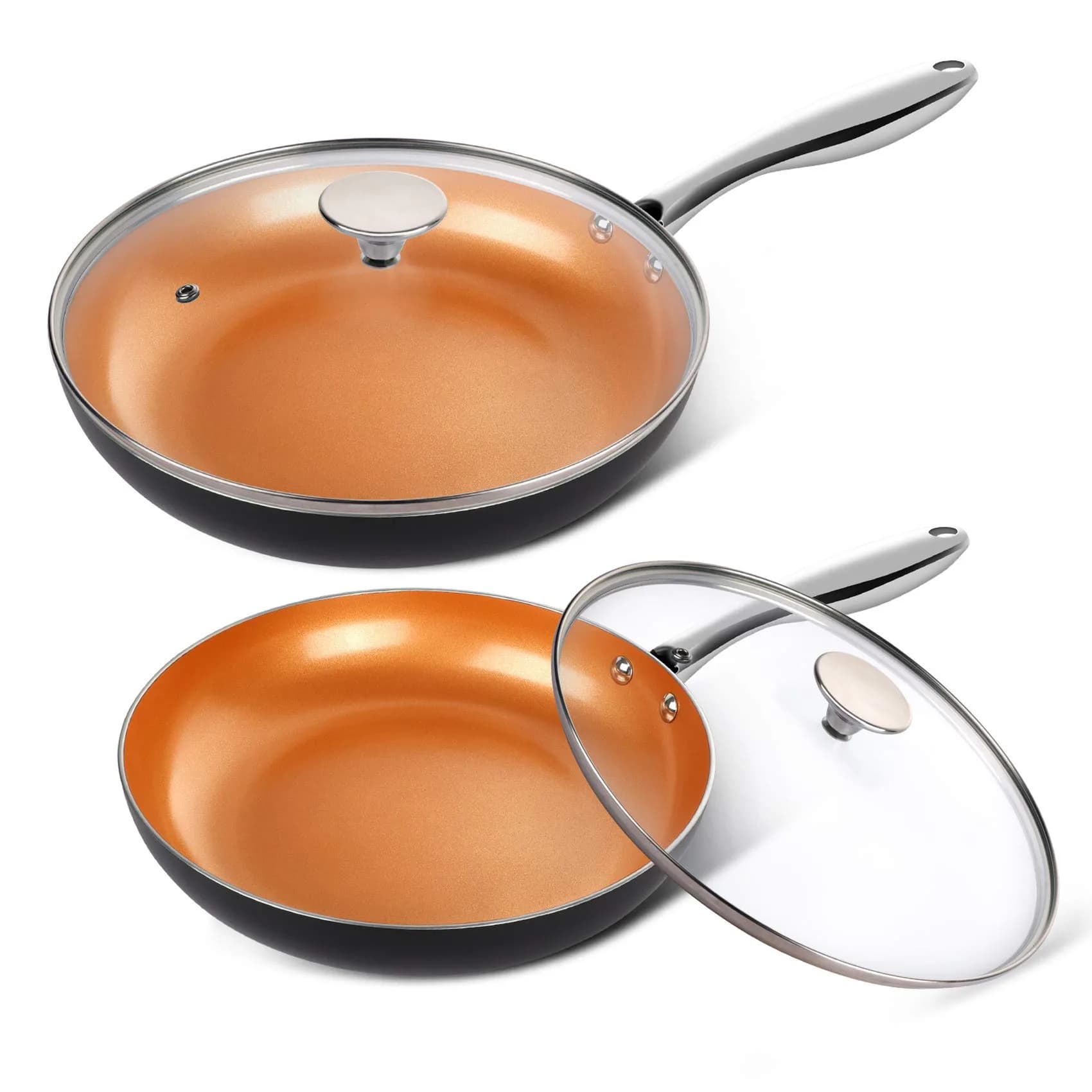 MICHELANGELO 10 Inch Copper Nonstick Frying Pan with Lid | Scratch-Resistant Ceramic Coating, Oven & Dishwasher Safe — Orange / 8+10inch