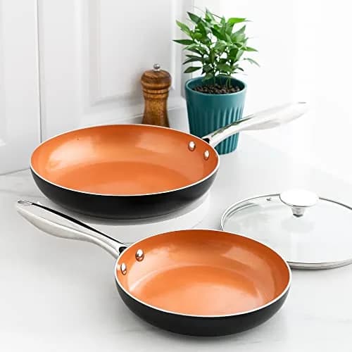 MICHELANGELO Copper Frying Pan Set with Lid 8" & 10" | Nonstick Copper Pans with Glass Lid (110 characters) thumbnail 2