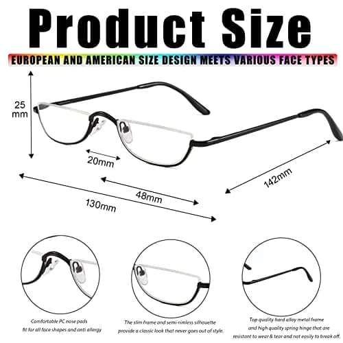 Viseng Half Frame Reading Glasses for Women Men 1.0 Diopter | Slim Metal Semi Rimless thumbnail 4