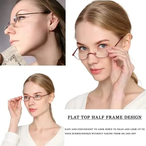 Viseng Half Frame Reading Glasses for Women Men, Slim Half Moon Metal Semi Rimless 2-Pack (40mm Lens Width) thumbnail 2