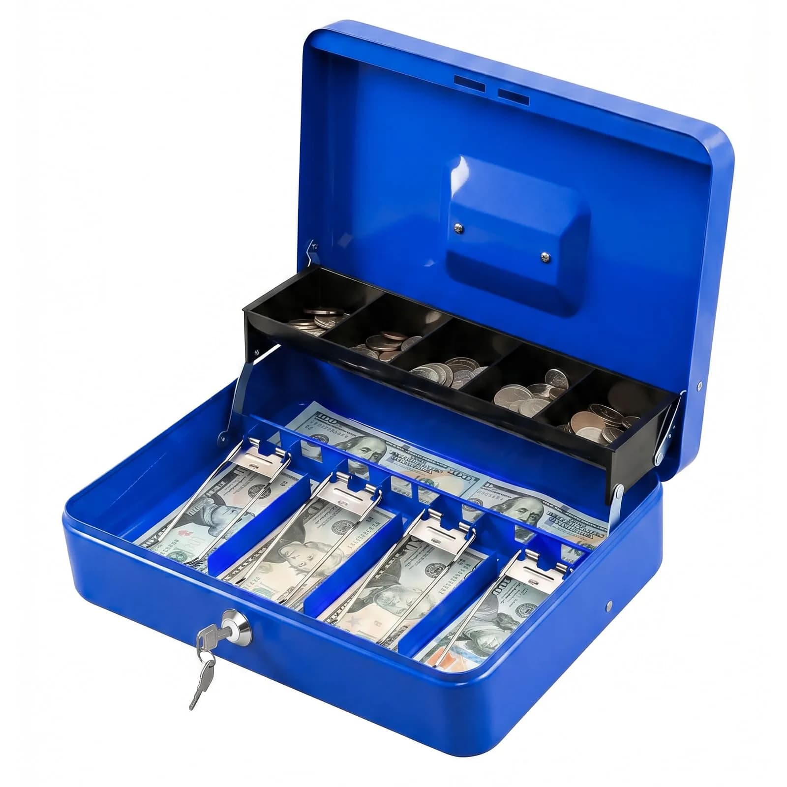 KYODOLED Locking Cash Box with Key Lock, Money Box with Cash Tray, 30cm (11.81") Blue XL Large