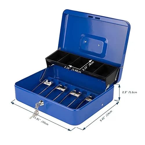 KYODOLED Locking Cash Box with Key Lock, Money Box with Cash Tray, 30cm (11.81") Blue XL Large thumbnail 4