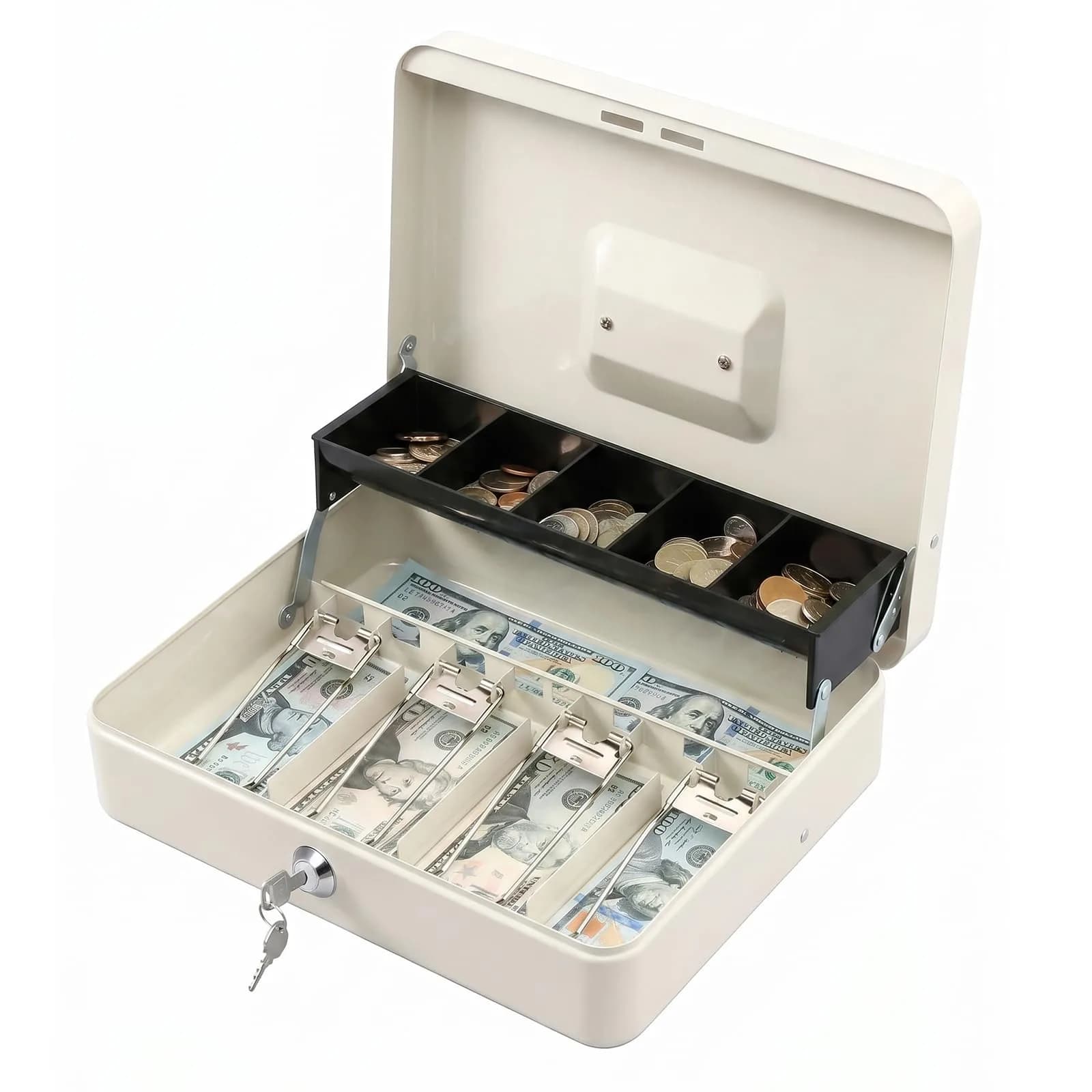 KYODOLED Locking Cash Box with Key, White XL Large | Sturdy Steel Construction with 5-Compartment Tray