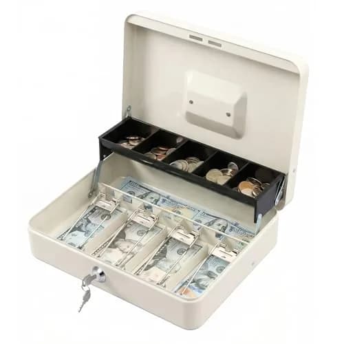 KYODOLED Locking Cash Box with Key, White XL Large | Sturdy Steel Construction with 5-Compartment Tray thumbnail 1