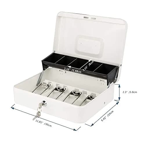 KYODOLED Locking Cash Box with Key, White XL Large | Sturdy Steel Construction with 5-Compartment Tray thumbnail 4
