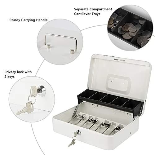 KYODOLED Locking Cash Box with Key, White XL Large | Sturdy Steel Construction with 5-Compartment Tray thumbnail 2