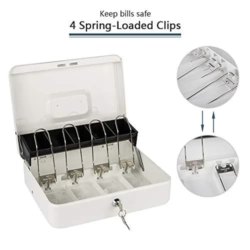 KYODOLED Locking Cash Box with Key, White XL Large | Sturdy Steel Construction with 5-Compartment Tray thumbnail 3