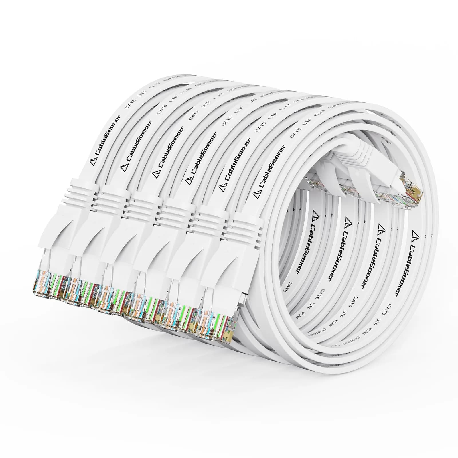 CableGeeker Flat Cat 6 Ethernet Cable 1.5ft (0.46m) 6-Pack | 10Gbps High-Speed Network Cable — White-Flat