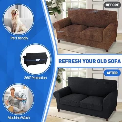 MAXIJIN 3 Piece Jacquard Couch Covers for 2 Cushion Couch Stretch Non Slip Love Seat Couch Cover for Dogs Pet Friendly Elastic Furniture Protector Loveseat Slipcovers (Loveseat, Black) thumbnail 5