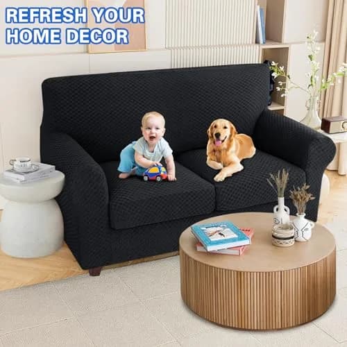 MAXIJIN 3 Piece Jacquard Couch Covers for 2 Cushion Couch Stretch Non Slip Love Seat Couch Cover for Dogs Pet Friendly Elastic Furniture Protector Loveseat Slipcovers (Loveseat, Black) thumbnail 2