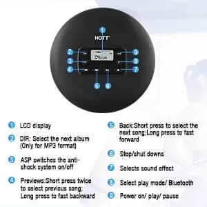HOTT CD711T Portable CD Player with Bluetooth 5.0, 45s Anti-Shock, 7-Hour Rechargeable Battery | Black thumbnail 5